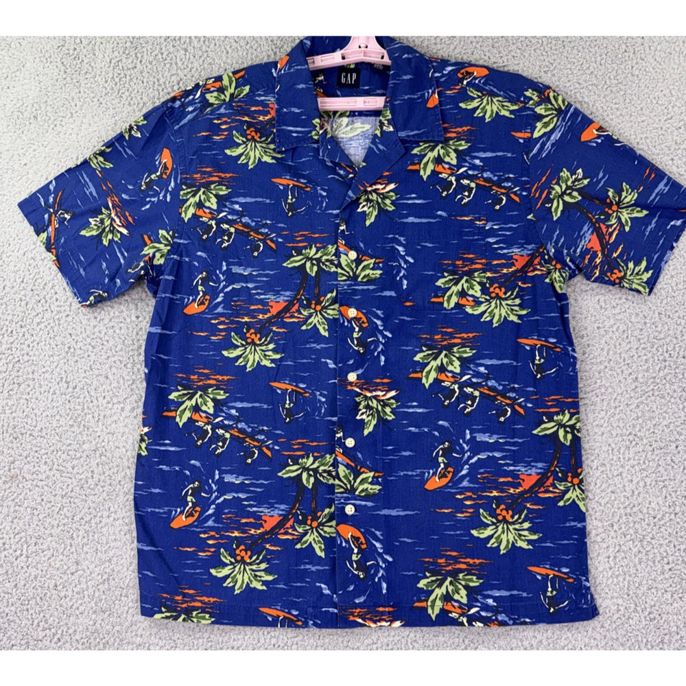 ZZ Gap Tropical Print Button Up Shirt Mens L Blue Cotton Vacation